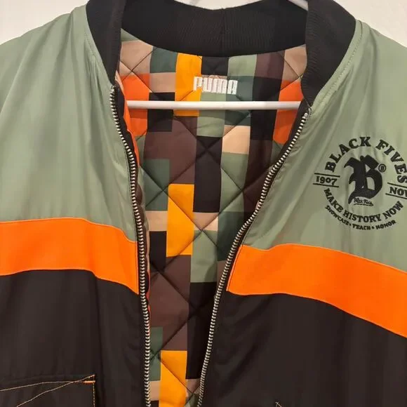 Puma Unisex Green Color-Blocked Reversible Collared Bomber Jacket Size M - Picture 8 of 8